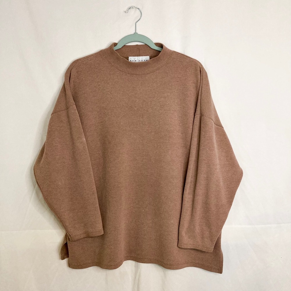 VTG 90s STYLE New York Tan Ribbed Mock Neck Oversized Knit Sweater Pullover L